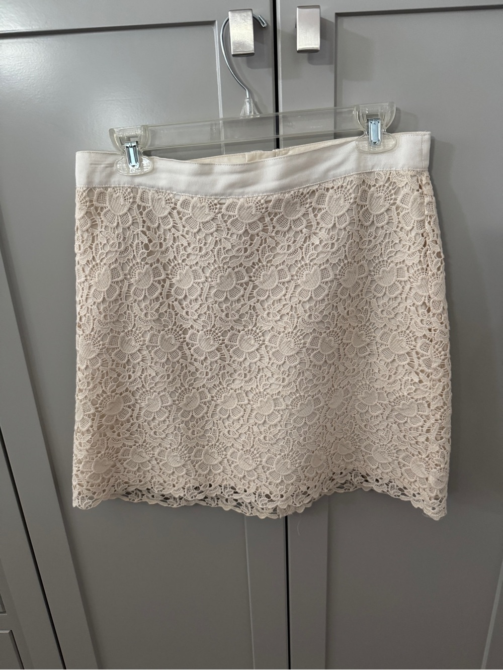 LOFT Petite Cream Crochet Lace Pencil Skirt Size 10P Lined Floral Lace